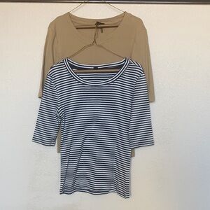 Blue and White Striped and Tan Tops Set